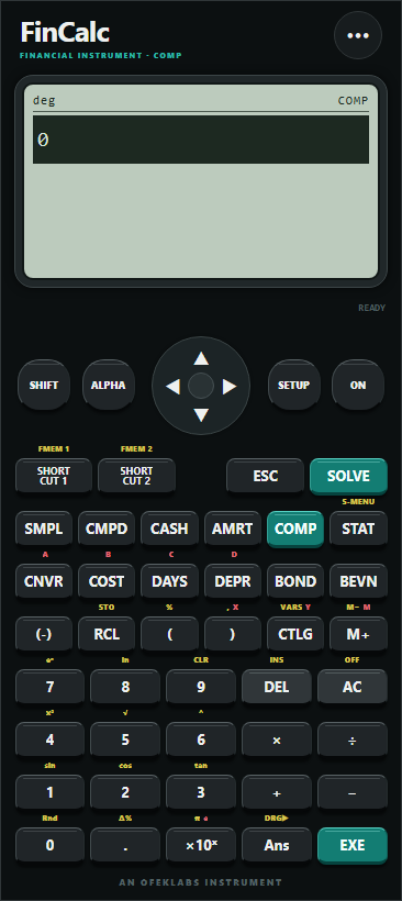 FinCalc calculator screen showing the fixed keypad, display, and EXE key
